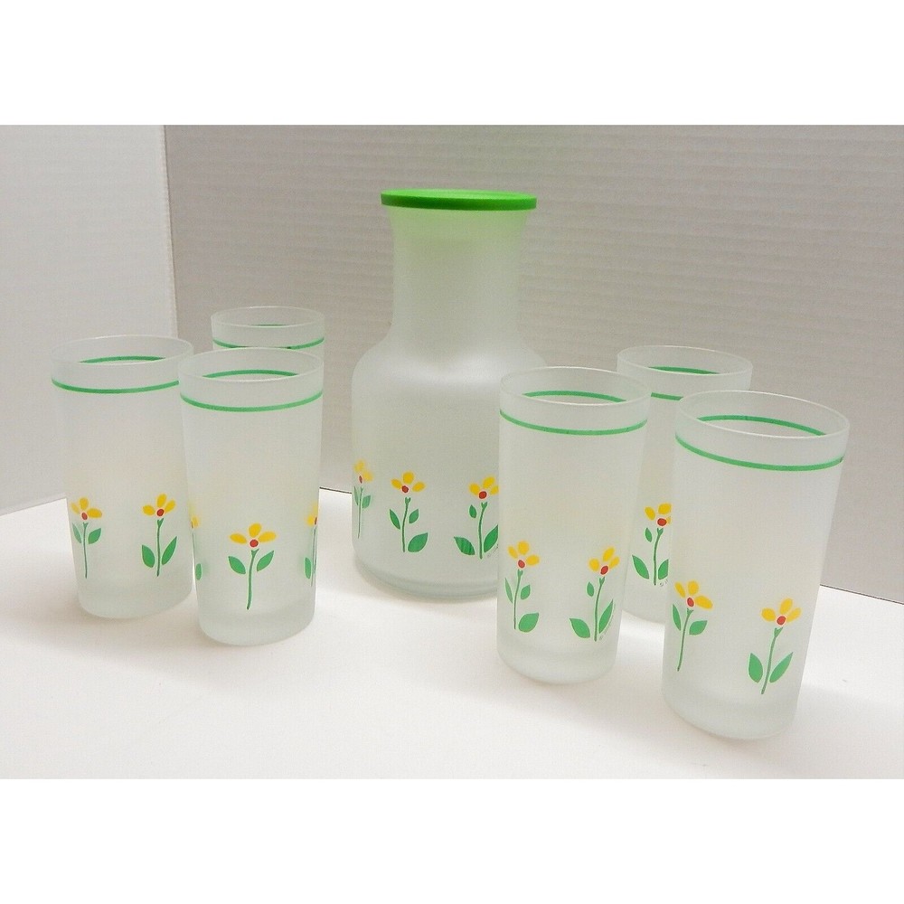 Libbey of Canada Frosted Beverage Carafe 6 Glasses Yellow Flower Telaflora 1985
